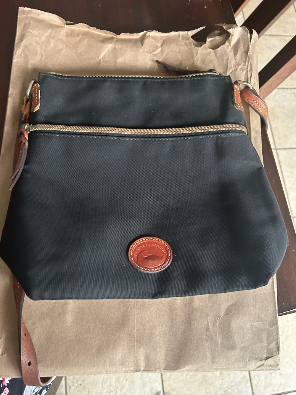 Dooney & Bourke Black Nylon Crossbody with Brown Leather Accents